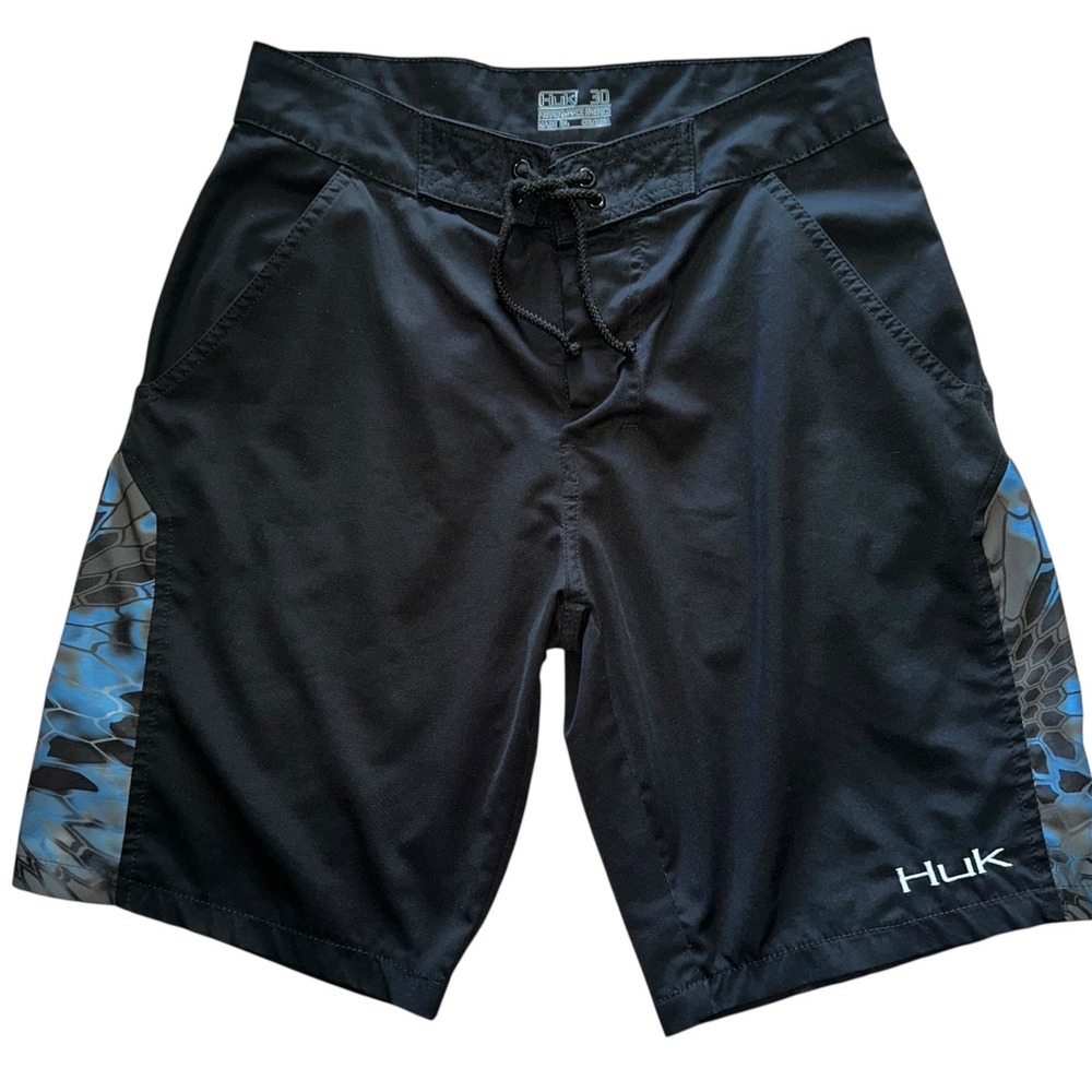 Huk Board Shorts Mens 30 Black Excellent Camo Accents Pockets Fishing Swim